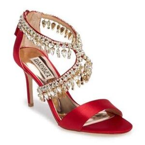 NWT Badgley Mischka Red Satin Heels with Crystal Accents Sz 6
